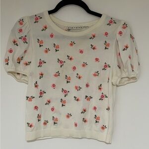 Alice + Olivia Risa Floral Embroidered Puff Sleeve Knit Top Size Small